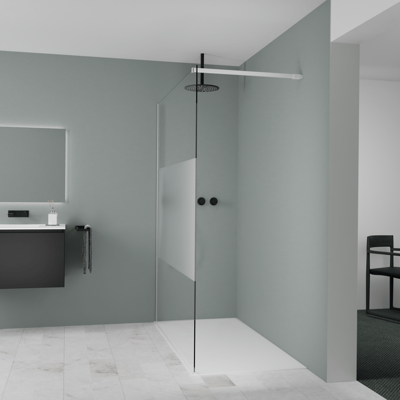 Balmani Modular Walk-In Dusche: 160 x 200 cm, Klarglas mit mattiertem Streifen, Profil Weiß matt