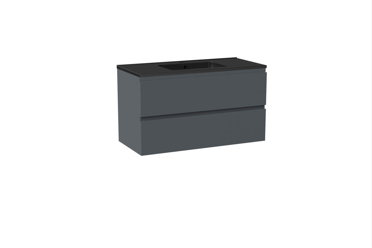 Linie Lado meuble salle de bains suspendu 100 x 46 cm bleu anthracite avec Vano plan simple en marbre composite noir mat