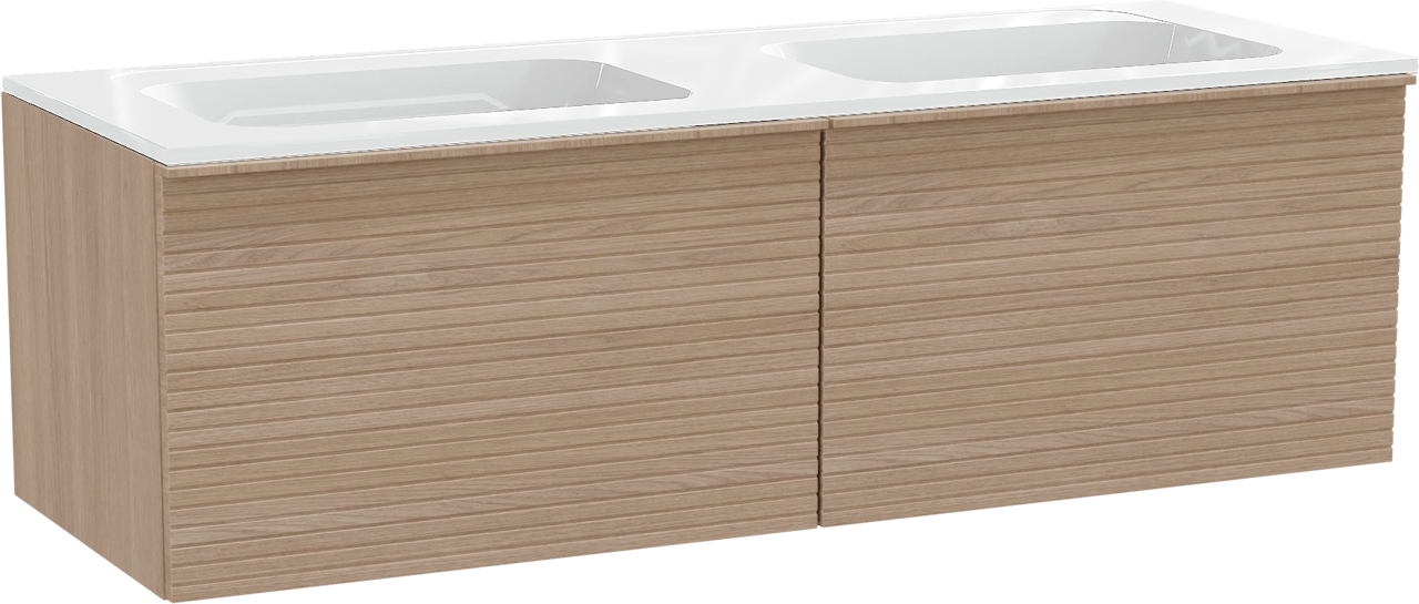 Balmani Forma zwevend badkamermeubel 150 x 55 cm natuur eik met Tablo Strada dubbele wastafel in composietmarmer glanzend wit, Horizontale symmetrische rechte ribbel