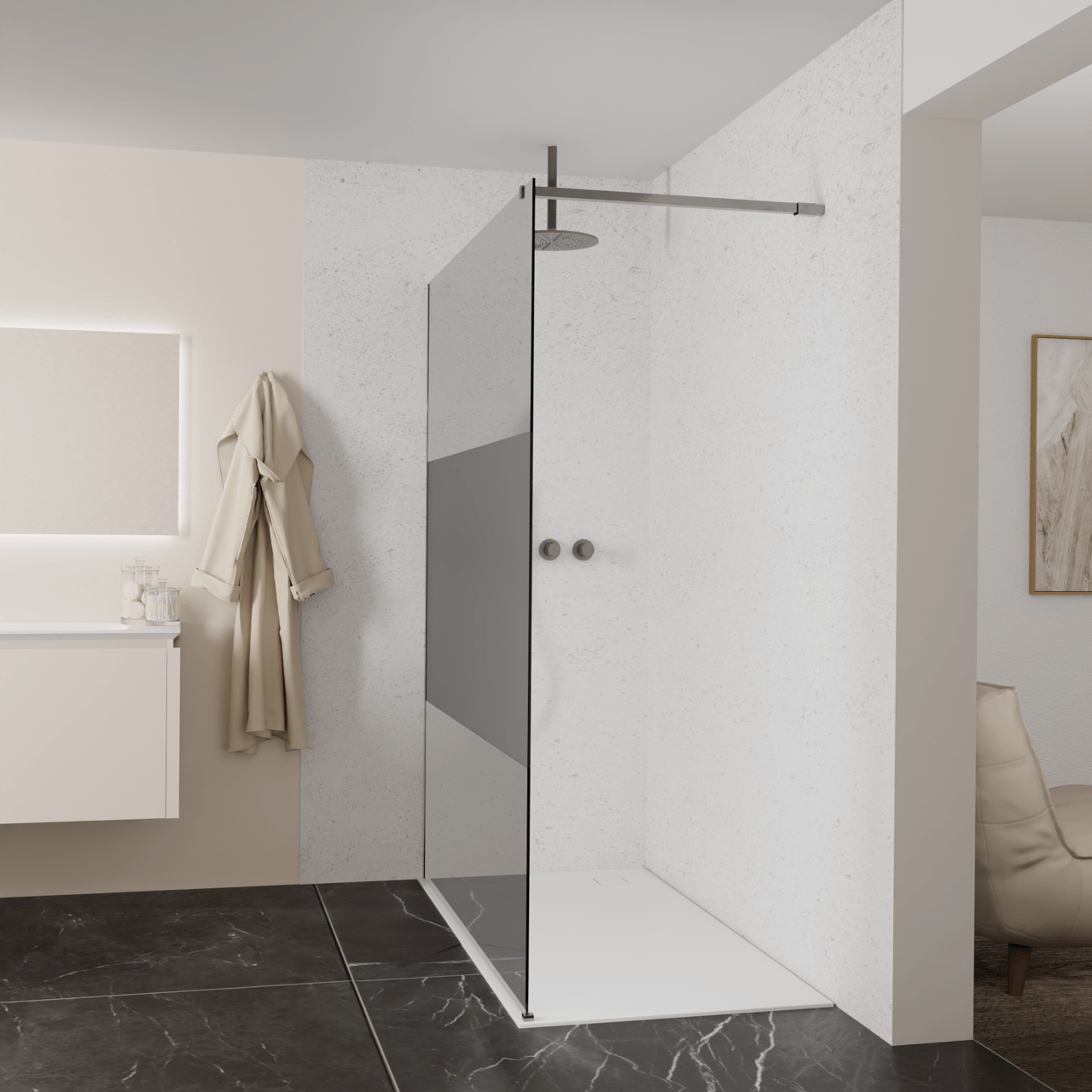 Balmani Modular Walk-In Dusche: 160 x 200 cm, Rauchglas mit mattiertem Streifen, inklusive Coating, Profil Brushed GunMetal