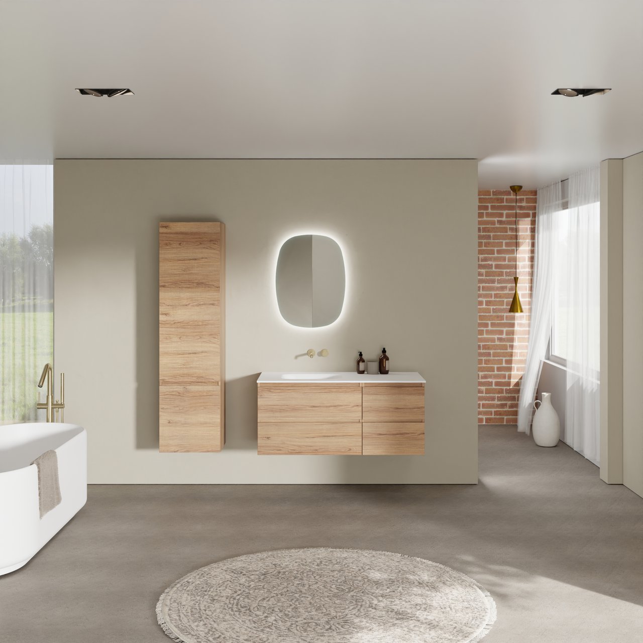 Balmani Lucida hängendes Möbelstück Set: 120 x 55 cm, Teak, mit Tablo Arcato Waschtisch links, Solid Surface Weiß matt