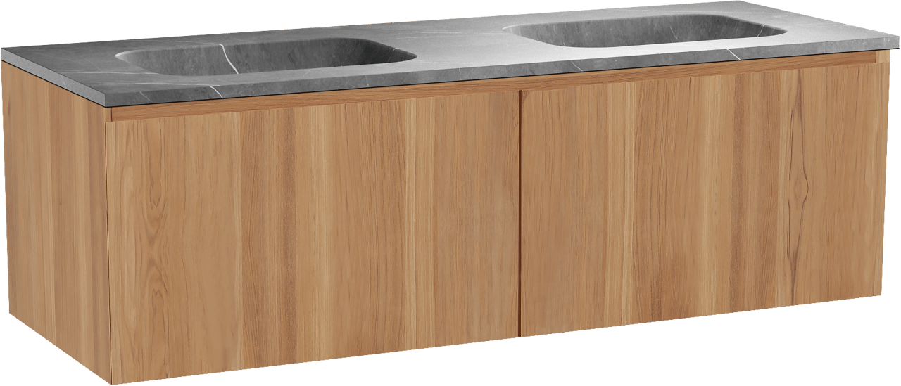 Balmani Idra zwevend badmeubel 150 x 55 cm teakhout met Tablo Arcato dubbele wastafel in marmer pietra grey