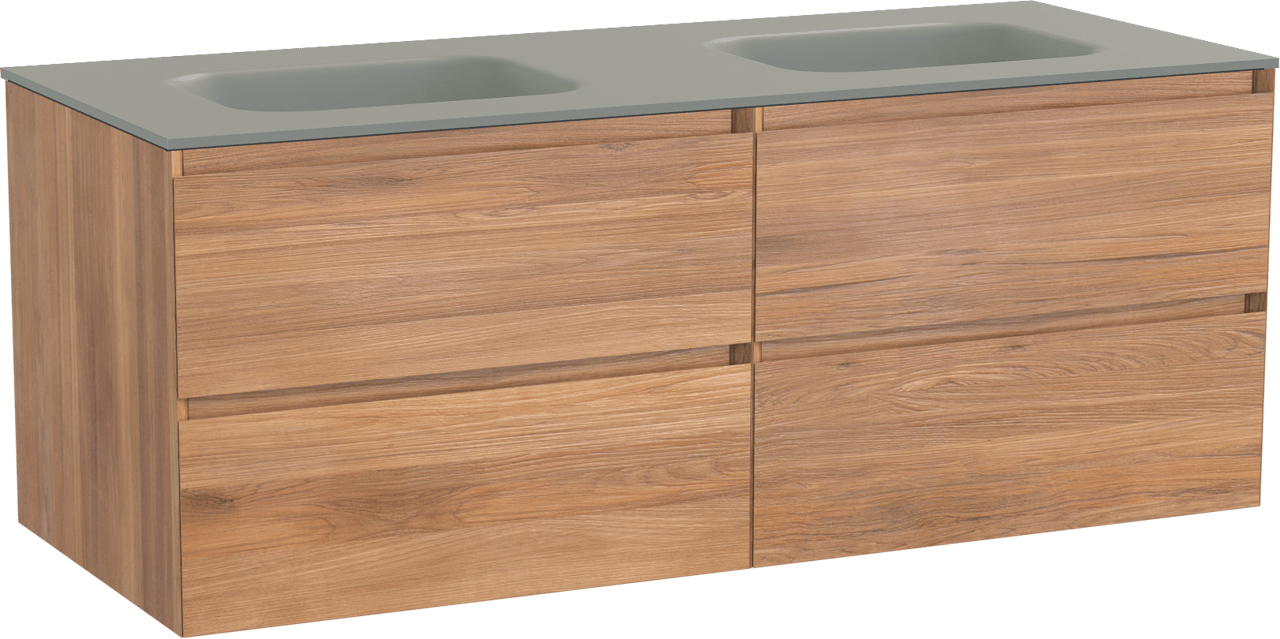 Balmani Mitra meuble salle de bains suspendu 135 x 55 cm teck avec Tablo Arcato double vasque en solid surface gris pierre