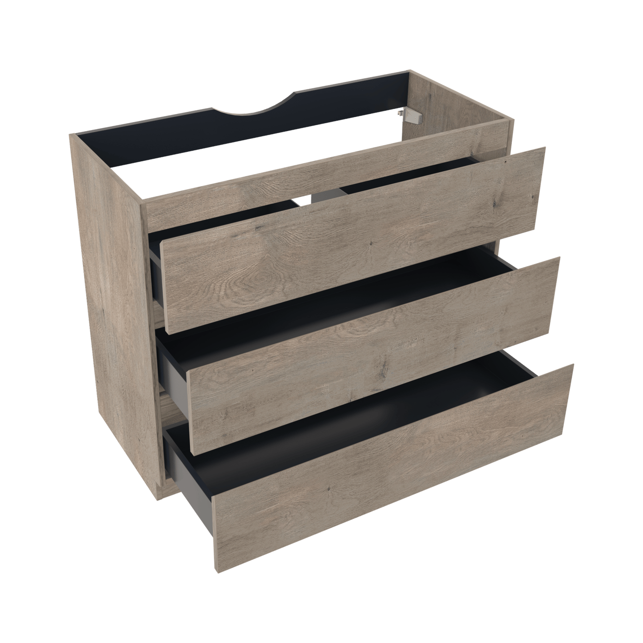 Linie Lado stehender Waschbeckenunterschrank: 100 x 46 cm, graue Eiche, 3 Schubladen