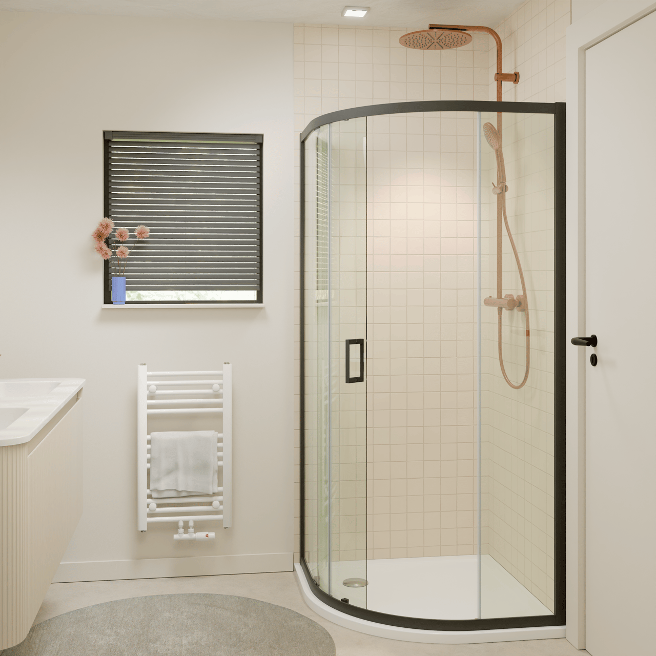 Luca Varess Vidor douchehoek kwartrond met schuifdeur 90 x 90 cm helder glas mat zwart profiel