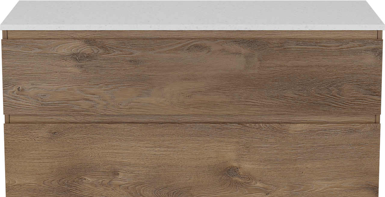 Linie Lado meuble salle de bains suspendu 120 x 46 cm chêne brun avec Lado tablette simple ou double en mélaminé terrazzo blanc