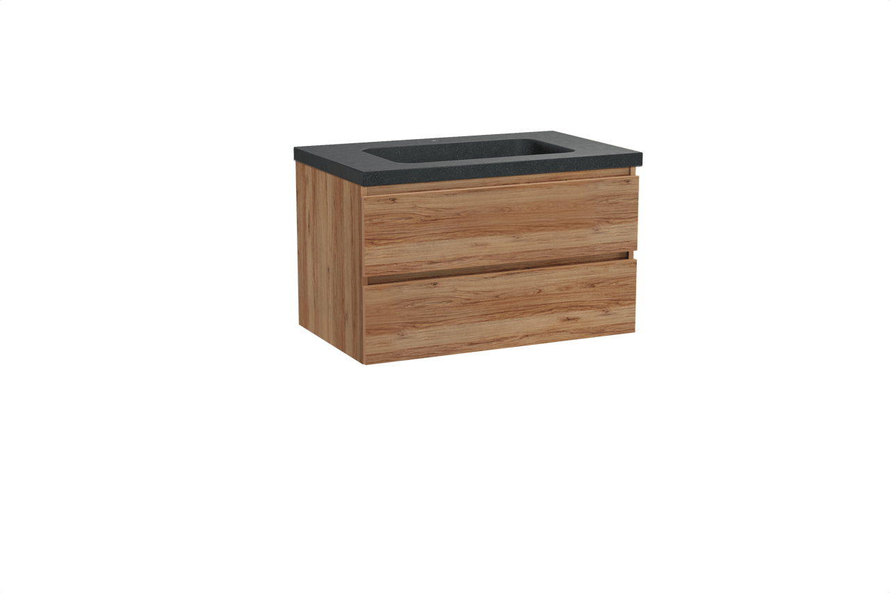 Balmani Lucida hängendes Möbelstück Set: 90 x 55 cm, Teak, mit Napoli Einzelwaschtisch, Schwarzes Granit