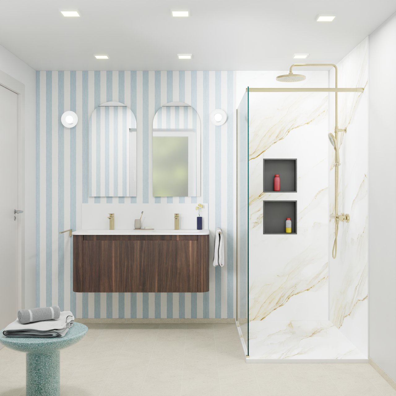 Storke Soft meuble salle de bains suspendu 120 x 46 cm noyer avec Kera Soft double vasque en porcelaine blanc mat, Nervure droite symétrique verticale