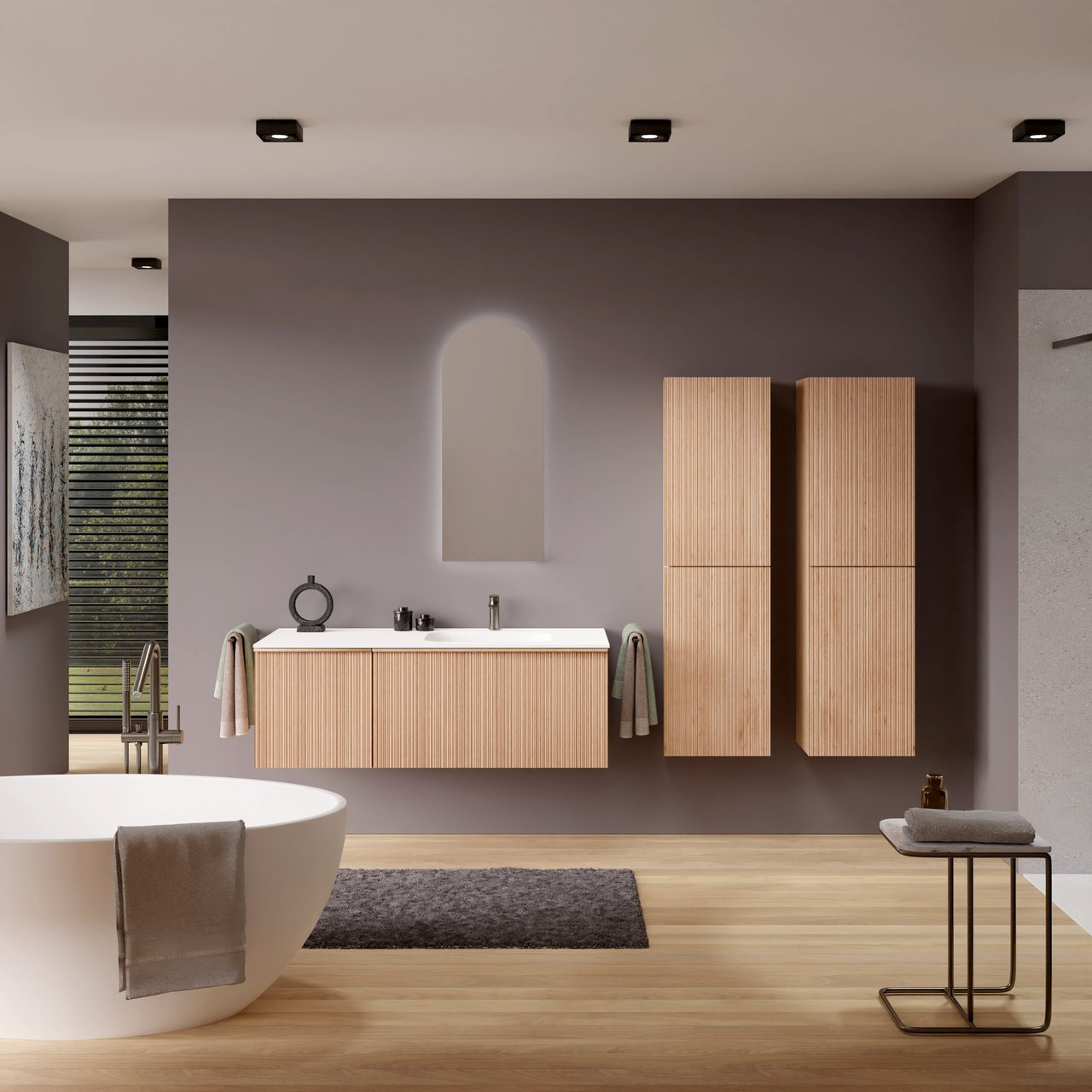 Balmani Forma hängendes Möbelstück Set: 135 x 55 cm, Naturbelassene Eiche, mit Tablo Arcato Waschtisch rechts, Solid Surface, Weiß matt, Vertikale asymmetrische Runde Rippe