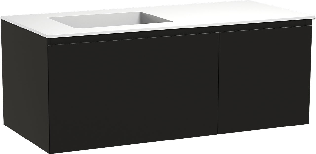 Balmani Idra hängendes Möbelstück Set: 120 x 55 cm, Schwarz matt, mit Tablo Stretto Waschtisch links, Solid Surface Weiß matt