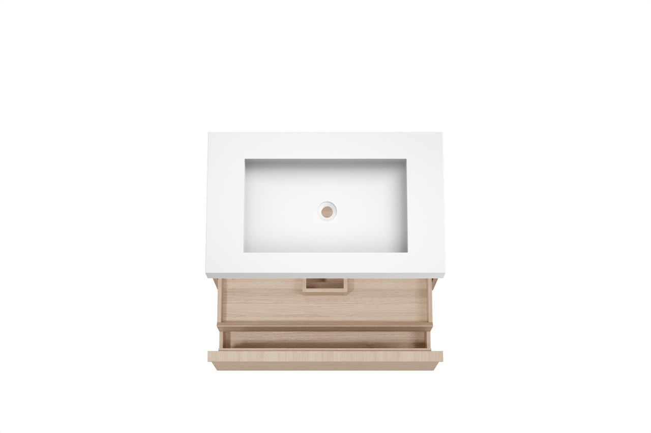 Balmani Forma hängendes Möbelstück Set: 90 x 55 cm, Naturbelassene Eiche, mit Modus Einzelwaschtisch, Solid Surface, Weiß matt, Horizontale symmetrische gerade Rippe