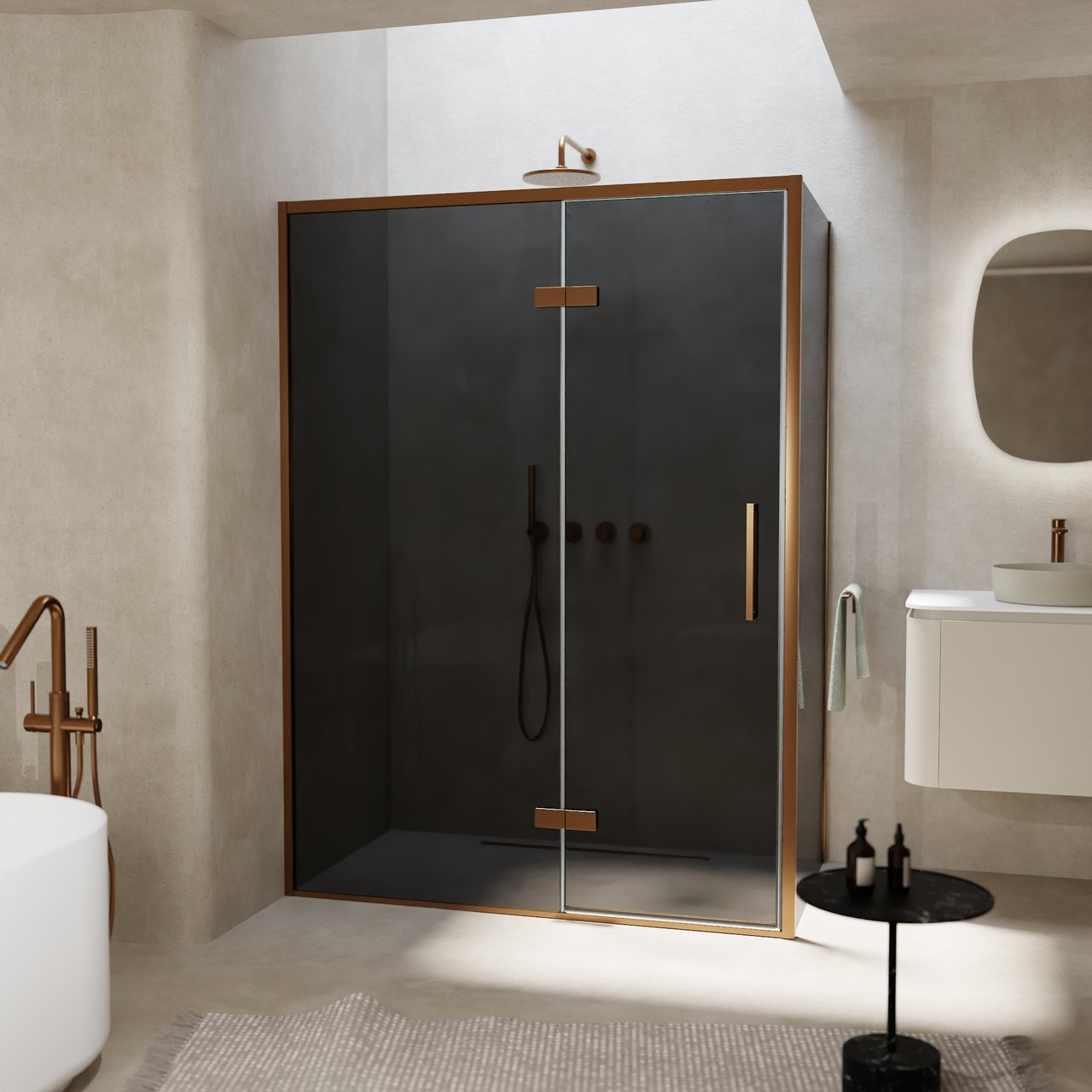 Balmani Senses Design douche en coin avec porte pivotante à gauche et paroi latérale fixe, 140 x 100 cm, Verre fumé, Profil Brushed Rosegold