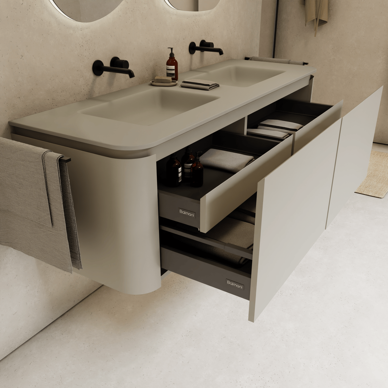 Balmani Moon dubbele wastafel mat zijdegrijze top solid 160 x 55 cm