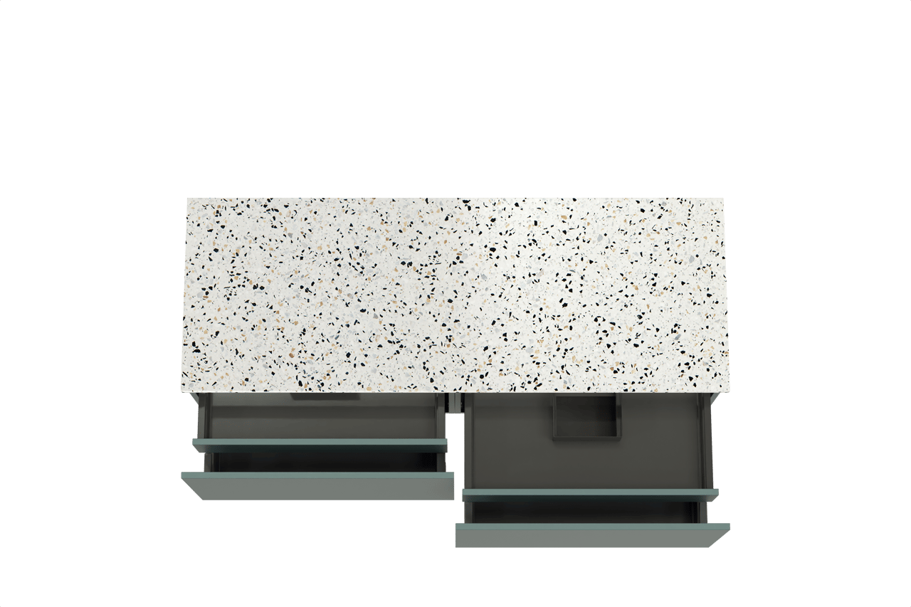 Balmani Sfera hängendes Möbelstück Set: 150 x 55 cm, Forest, mit Stretto Einzel- oder Doppel Waschtischplatte, Terrazzo in Weiß/Schwarz matt