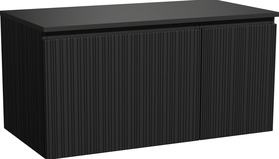 Storke Ribs zwevend badmeubel 100 x 52 cm zwart eiken met Panton enkel wastafelblad in gepoedercoate mdf mat zwart, Verticale asymmetrische rechte ribbel