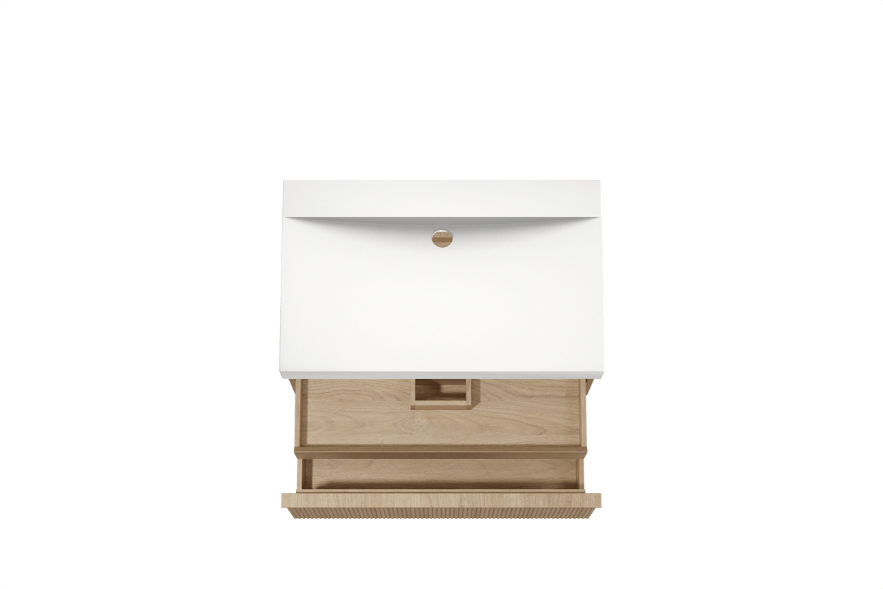 Balmani Forma hängendes Möbelstück Set: 90 x 55 cm, Naturbelassene Eiche, mit Wave Einzelwaschtisch, Solid Surface, Weiß matt, Vertikale symmetrische gerade Rippe