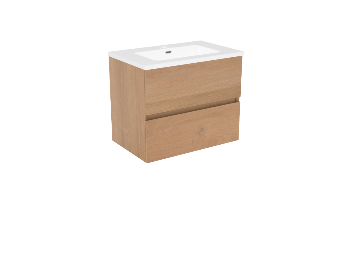 Storke Edge zwevend badkamermeubel 60 x 40 cm ruwe eik met Diva enkele wastafel in composietmarmer glanzend wit