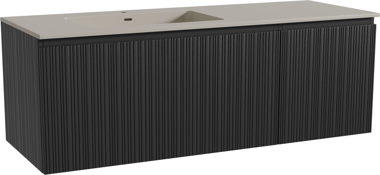 Storke Ribs zwevend badmeubel 140 x 52 cm zwart eiken met Diva asymmetrisch linkse wastafel in top solid zijdegrijs, Verticale asymmetrische rechte ribbel