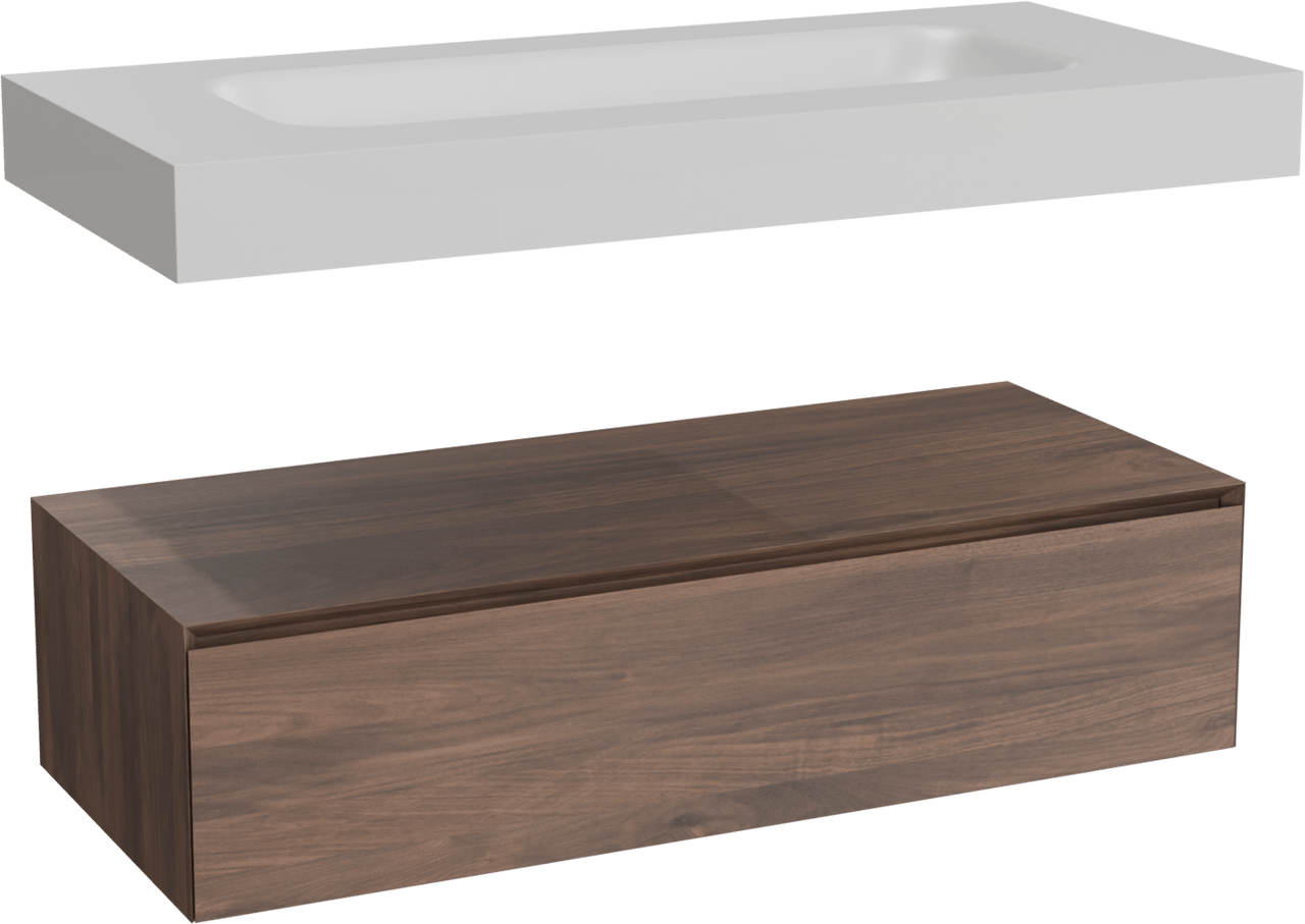 Balmani Mitra Elements hängendes Möbelstück Set: 120 x 55 cm, Amerikanischer Nussbaum mit Arcato Einzelwaschtisch für 2 Armaturenlöcher, Solid Surface Weiß matt