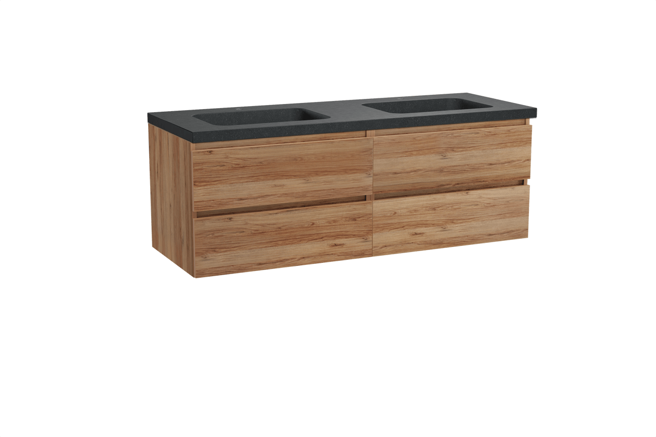 Balmani Lucida meuble salle de bains suspendu 150 x 55 cm teck avec Napoli double vasque en granit noir