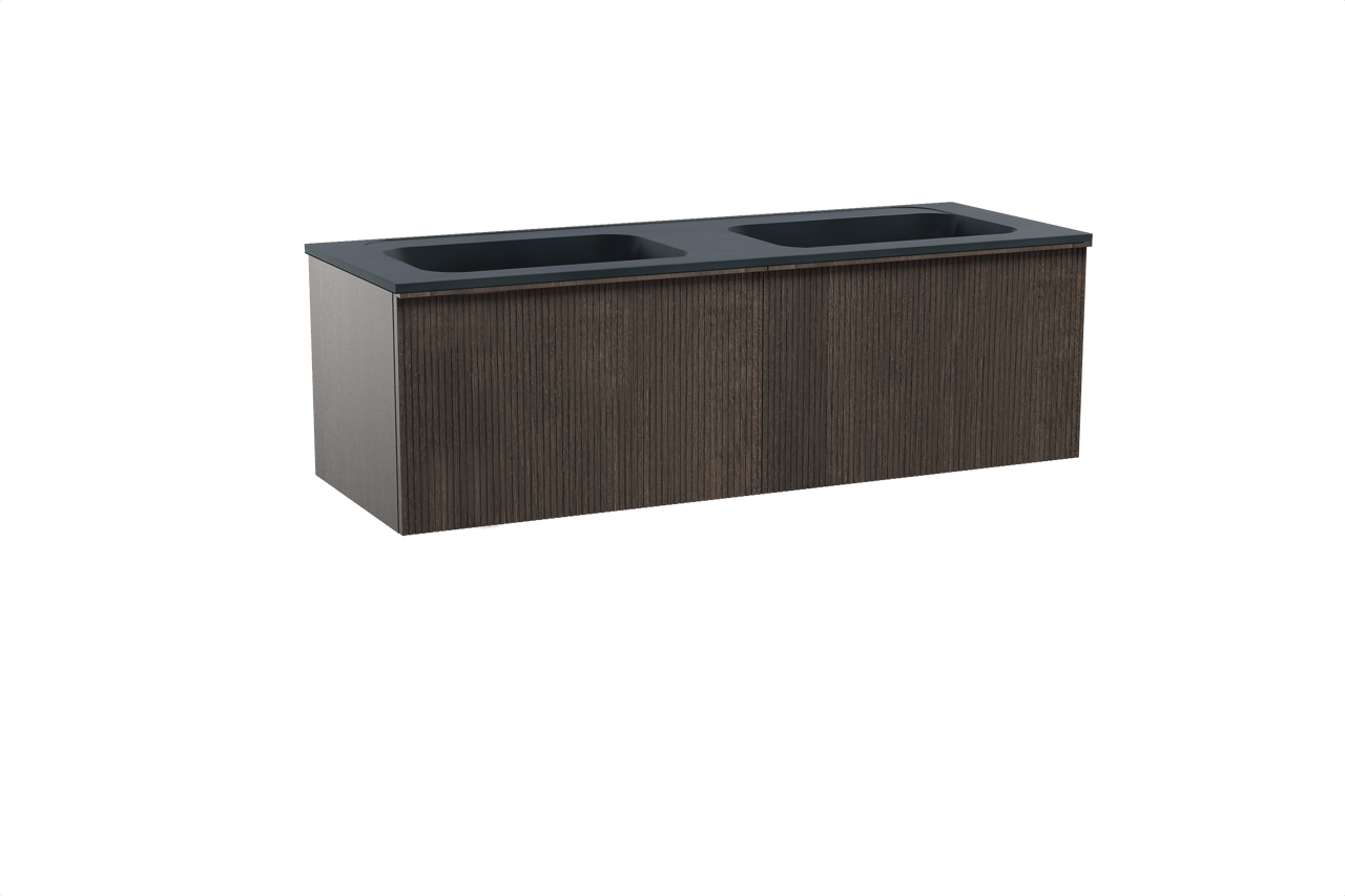 Balmani Forma zwevend badkamermeubel 150 x 55 cm gerookte eik met Tablo Strada dubbele wastafel in composietmarmer mat zwart, Verticale symmetrische rechte ribbel