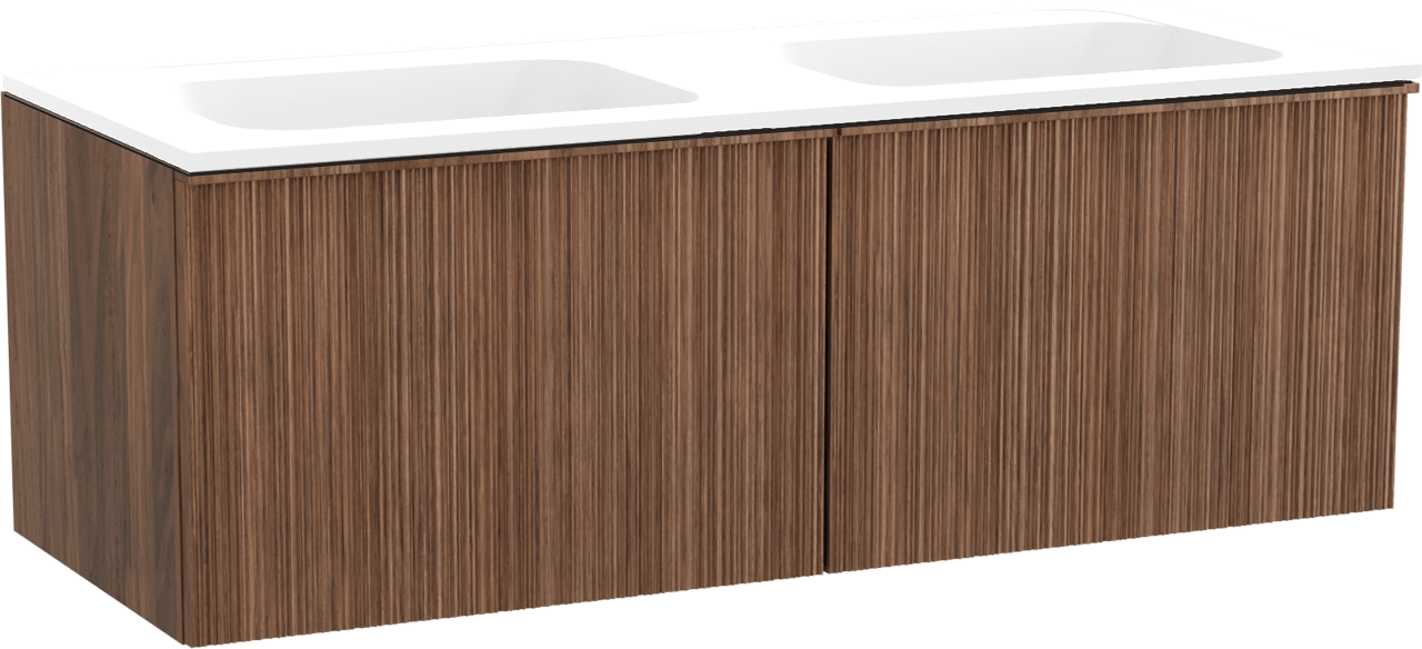 Balmani Forma hängendes Möbelstück Set: 135 x 55 cm, Amerikanischer Nussbaum, mit Tablo Strada Doppelwaschtisch, Marmorkomposit, Weiß matt, Vertikale asymmetrische Runde Rippe