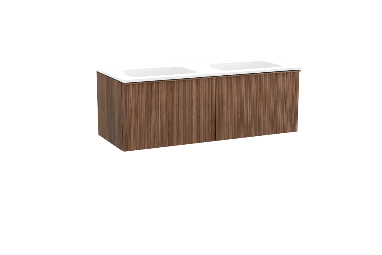 Balmani Forma hängendes Möbelstück Set: 135 x 55 cm, Amerikanischer Nussbaum, mit Tablo Strada Doppelwaschtisch, Marmorkomposit, Weiß matt, Vertikale asymmetrische Runde Rippe