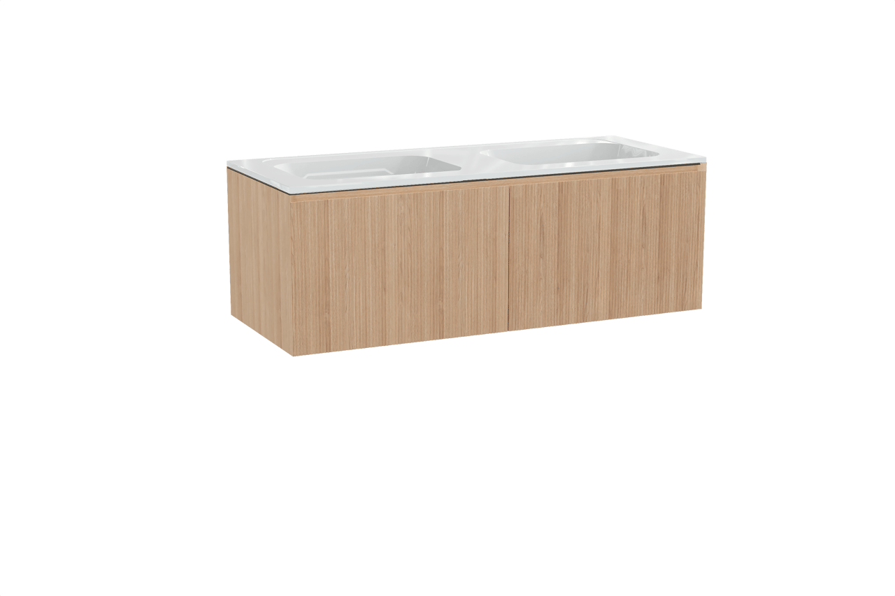 Balmani Fila zwevend badkamermeubel 135 x 55 cm natuur eik met Tablo Strada dubbele wastafel in composietmarmer glanzend wit, Verticale symmetrische rechte ribbel