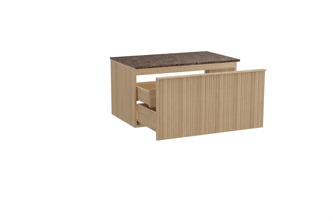 Balmani Forma hängendes Möbelstück Set: 90 x 55 cm, Naturbelassene Eiche, mit Stretto Einzel Waschtischplatte, Marmor, Dark Emperador, Vertikale asymmetrische Runde Rippe