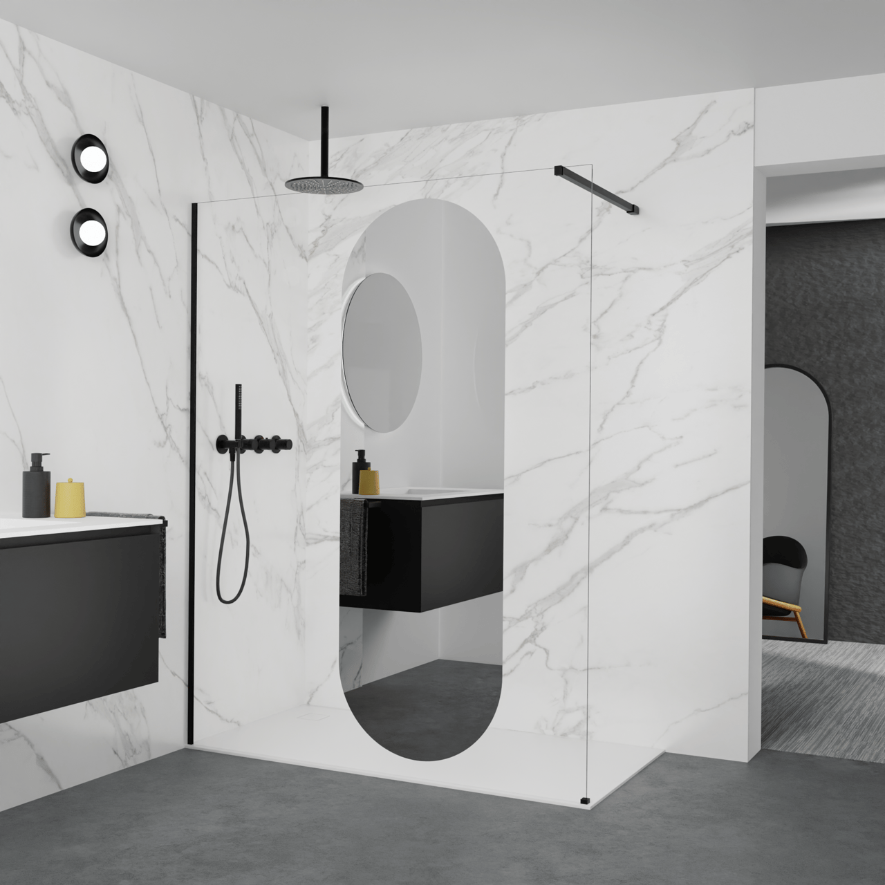 Balmani Modular Walk-In Dusche: 160 x 200 cm, Reflex-Spiegelglas Oval, Profil Schwarz matt