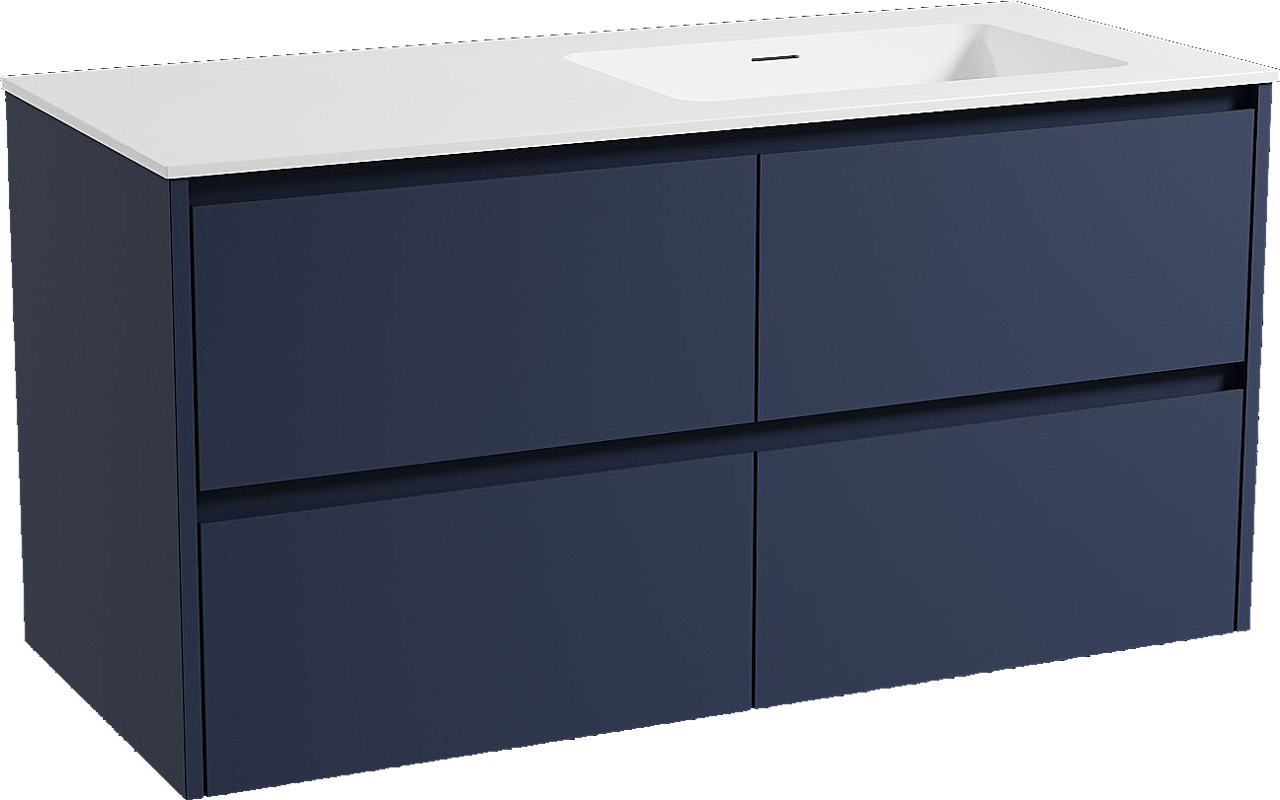 Storke Seda zwevend badkamermeubel 120 x 52 cm nachtblauw met Mata asymmetrisch rechtse wastafel in solid surface mat wit