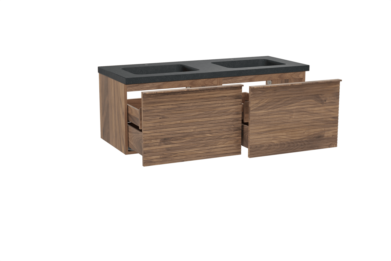 Balmani Forma meuble salle de bains suspendu 135 x 55 cm noyer américain avec Napoli double vasque en granit noir, Nervure droite symétrique horizontale