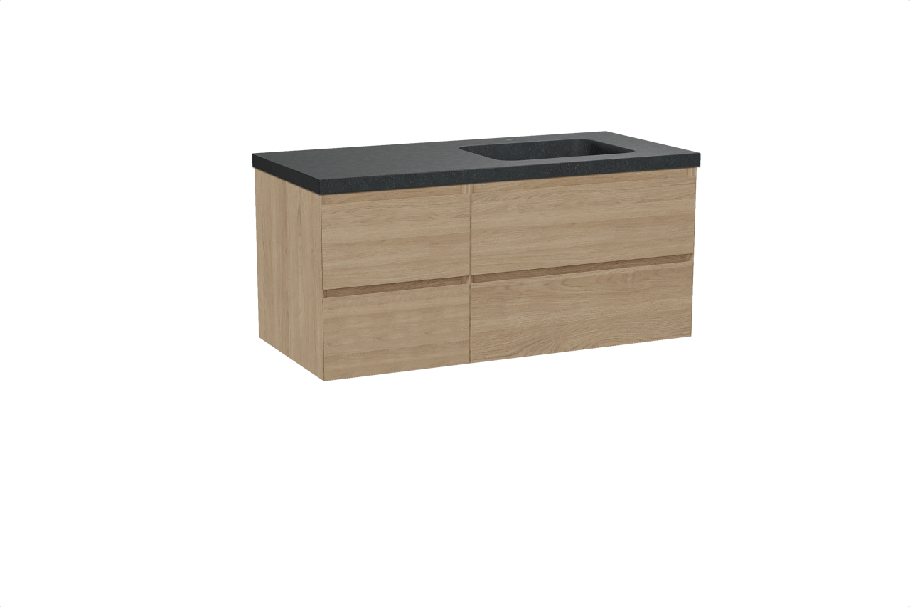 Balmani Mitra zwevend badkamermeubel 120 x 55 cm natuur eik met Napoli asymmetrisch rechtse wastafel in graniet zwart