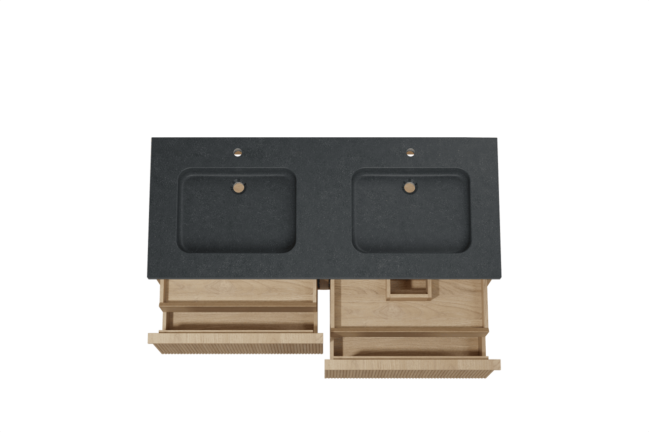 Balmani Forma zwevend badkamermeubel 135 x 55 cm natuur eik met Napoli dubbele wastafel in graniet zwart, Verticale symmetrische rechte ribbel