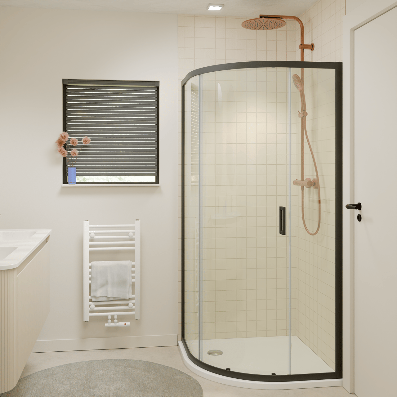 Luca Varess Vidor douchehoek kwartrond met schuifdeur 90 x 90 cm helder glas mat zwart profiel