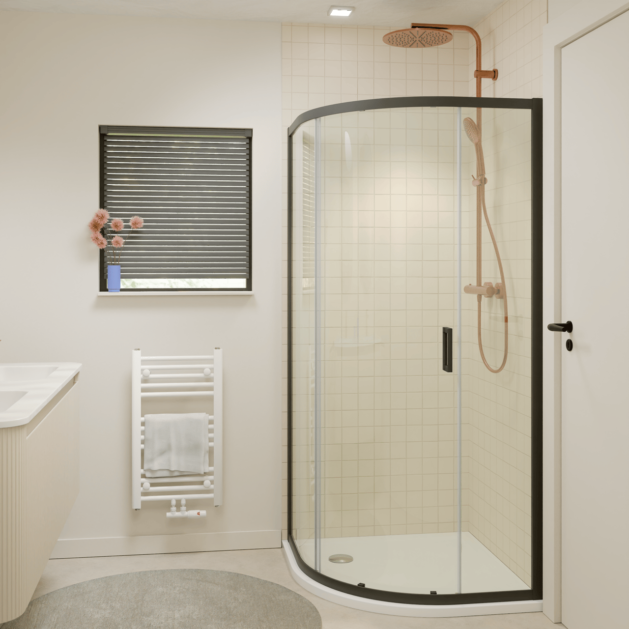 Luca Varess Vidor douchehoek kwartrond met schuifdeur 90 x 90 cm helder glas mat zwart profiel