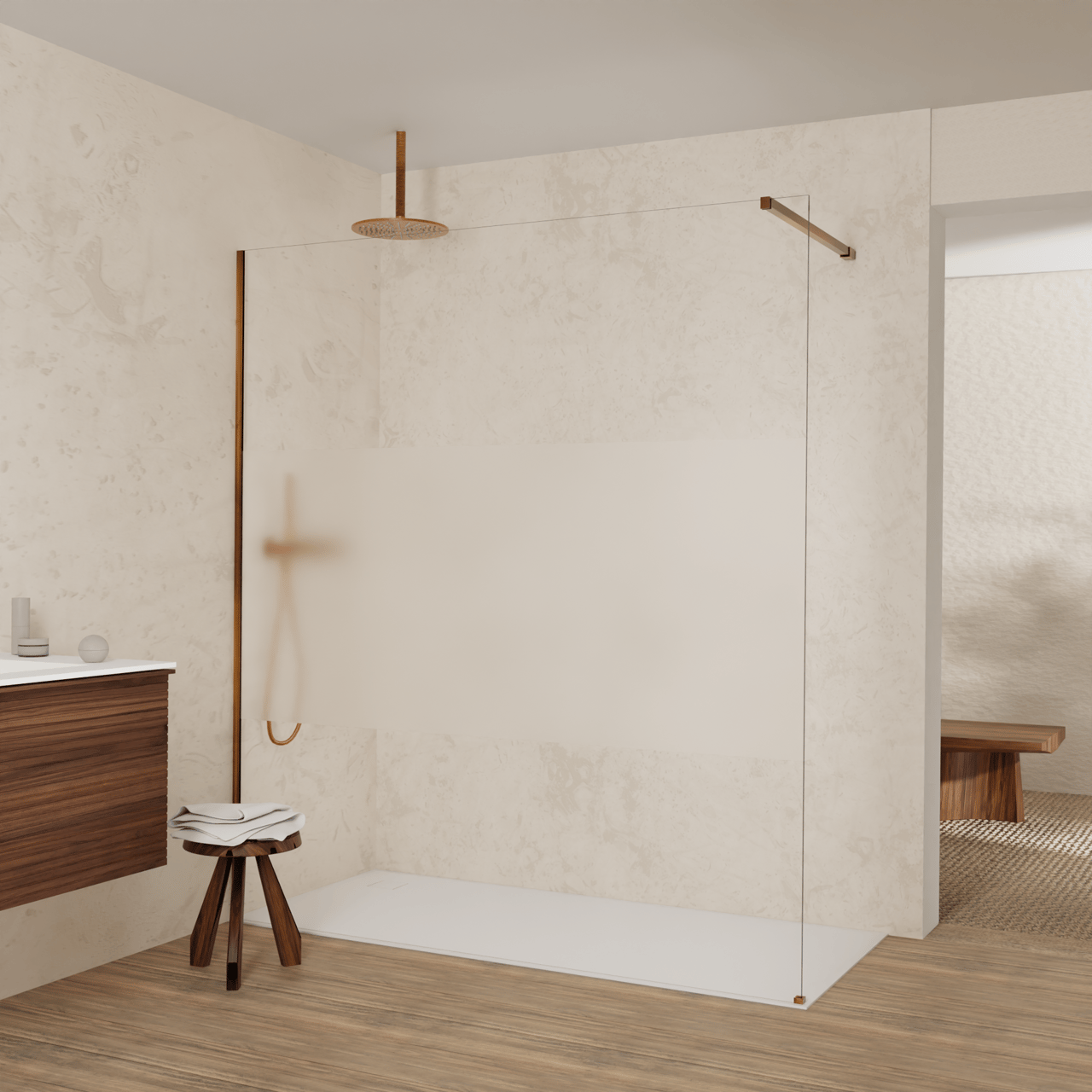 Balmani Modular Walk-In Dusche: 180 x 200 cm, Klarglas mit mattiertem Streifen, inklusive Coating, Profil Brushed Rosegold