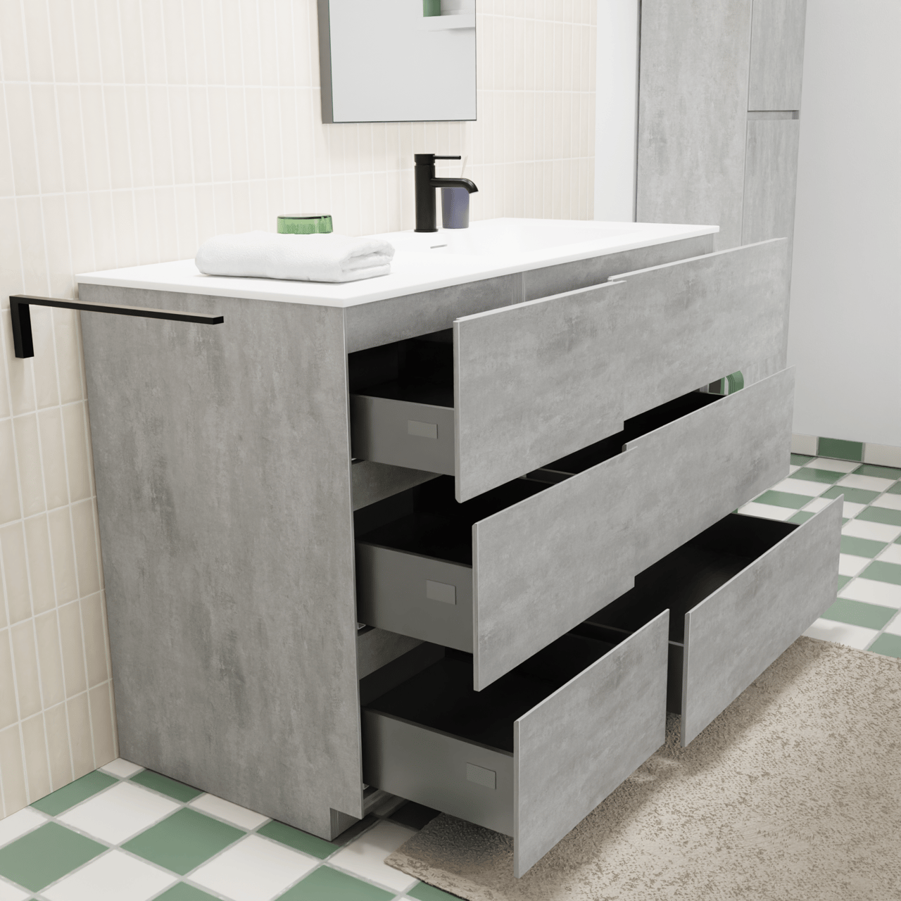 Storke Edge meuble salle de bains à poser 120 x 52 cm béton gris foncé avec Mata plan vasque asymétrique à droite en solid surface blanc mat