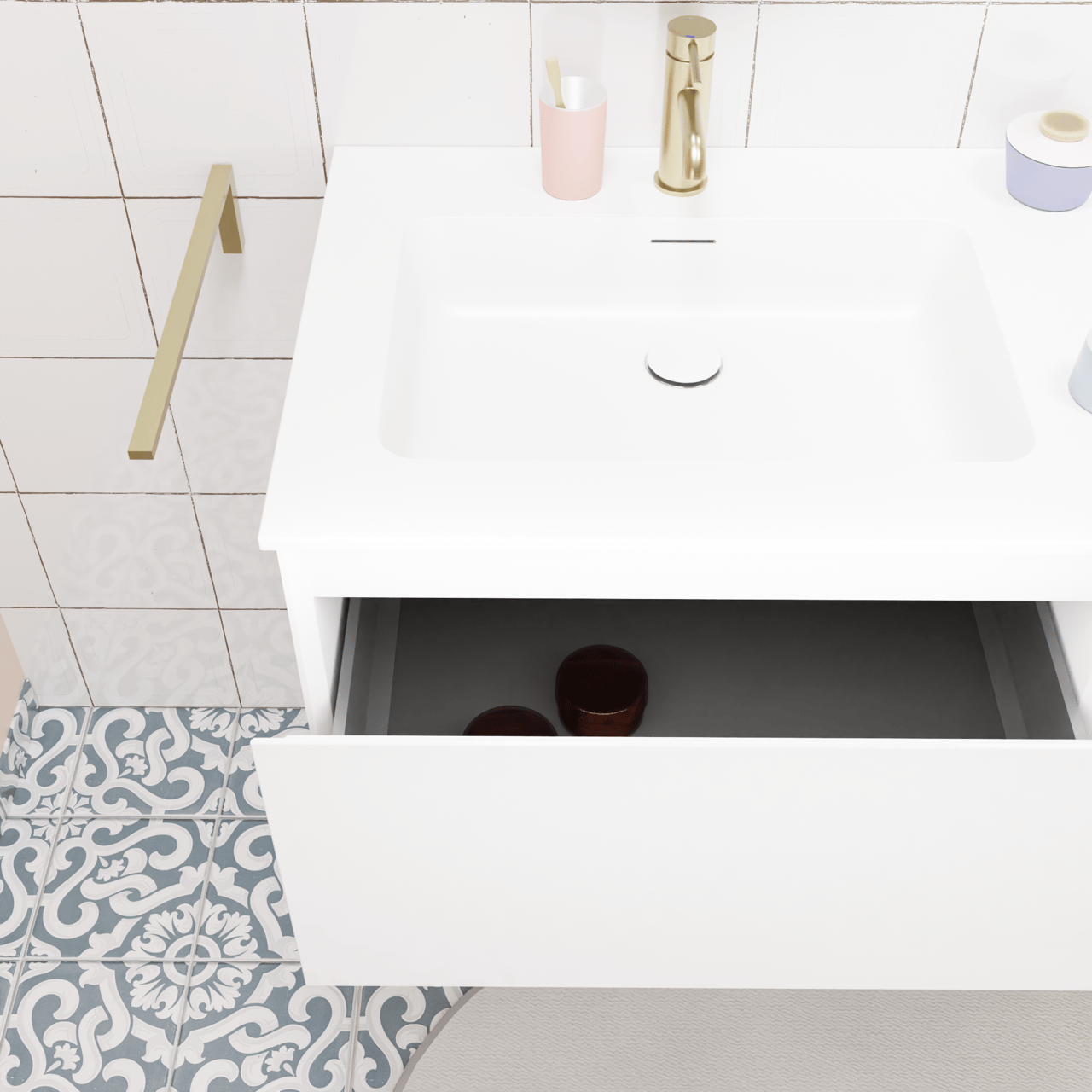 Storke Edge zwevend badkamermeubel 130 x 52 cm glanzend wit met Mata asymmetrisch rechtse wastafel in solid surface mat wit