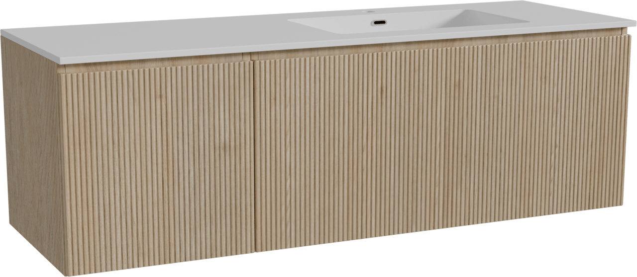 Storke Ribs zwevend badmeubel 150 x 52 cm ruw eiken met Diva asymmetrisch rechtse wastafel in composietmarmer hoogglans wit, Verticale symmetrische rechte ribbel
