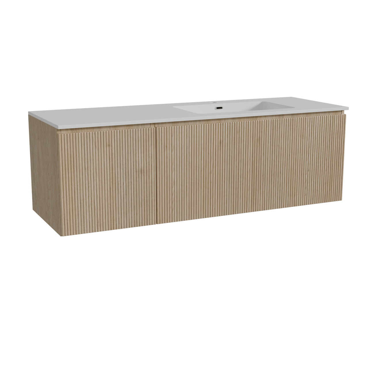 Storke Ribs meuble salle de bains suspendu 150 x 52 cm chêne brut avec Diva vasque asymétrique droite en marbre composite blanc brillant, Nervure droite symétrique verticale