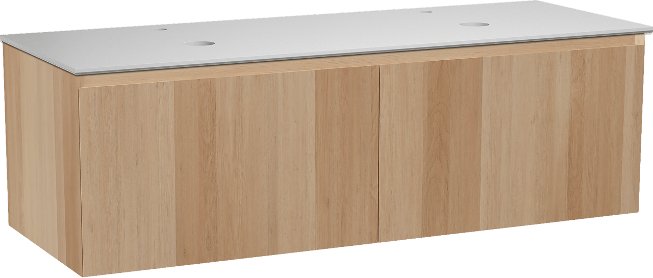 Balmani Idra zwevend badkamermeubel 150 x 55 cm natuur eik met Facetta dubbel tablet in solid surface mat wit