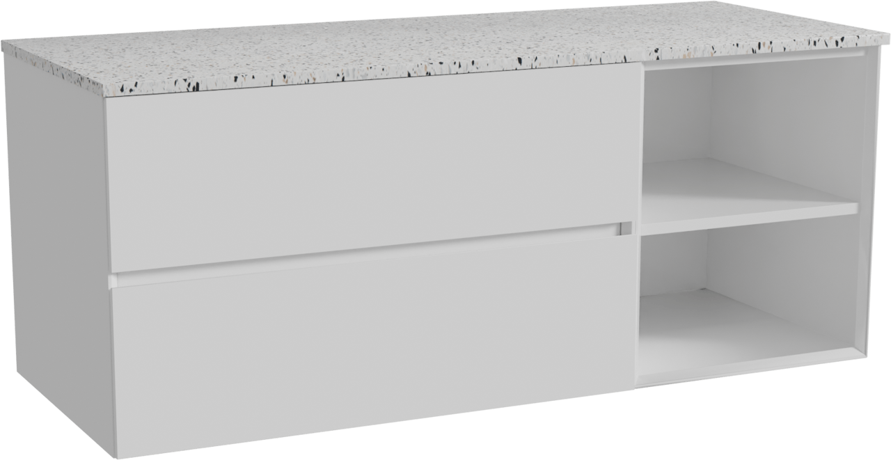 Storke Edge hängendes Möbelstück Set: 130 x 52 cm, Weiß glänzend, mit Tavola Einzel- oder Doppel Waschtischplatte, Terrazzo in Weiß/Schwarz matt