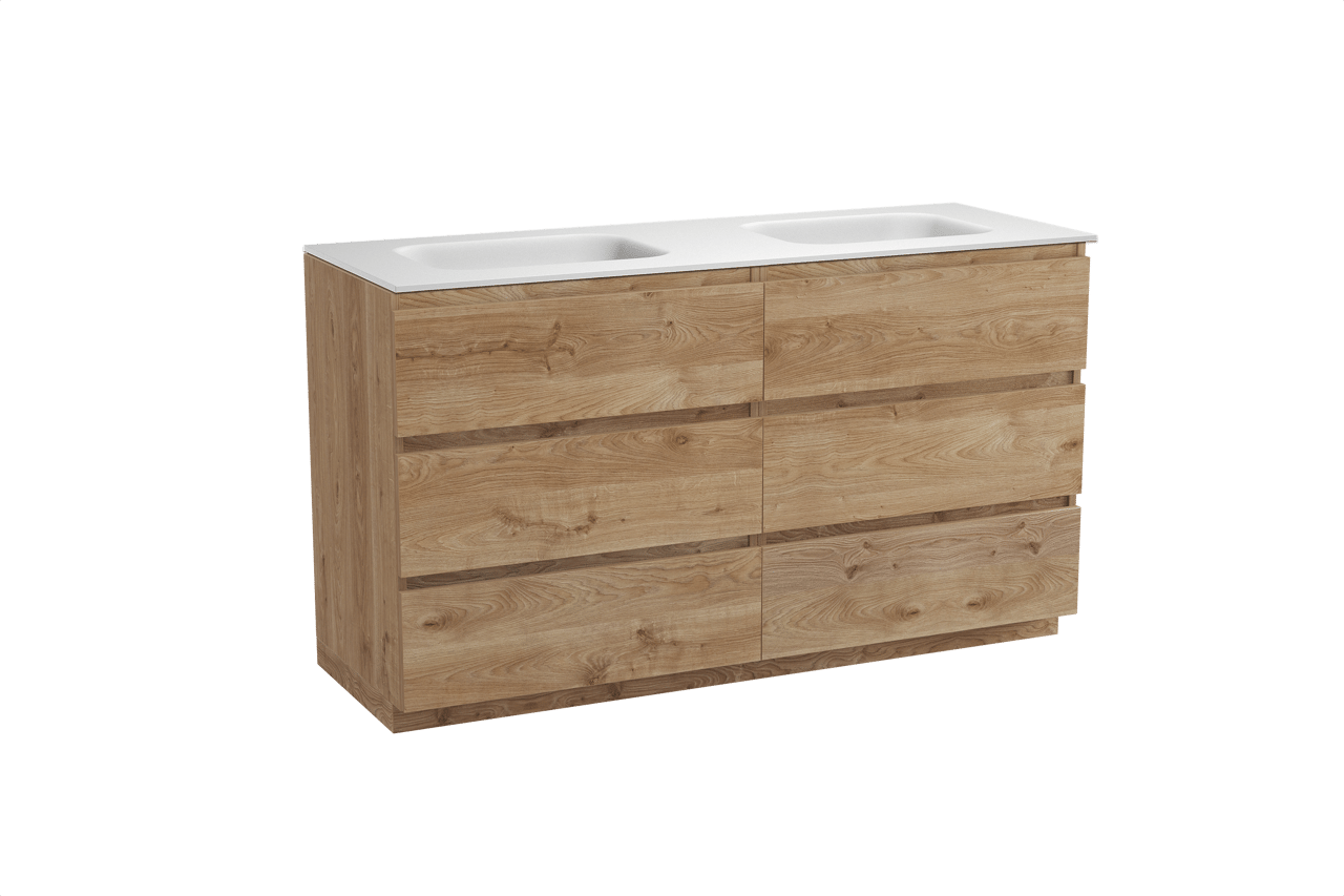 Balmani Lucida meuble salle de bains à poser 150 x 55 cm chêne brut avec Tablo Arcato double vasque en solid surface blanc mat