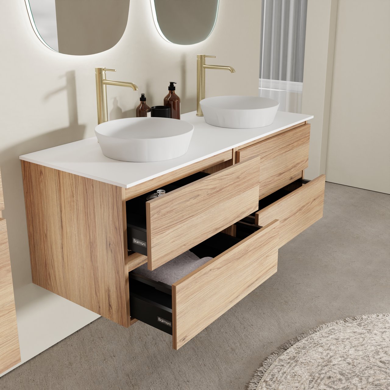 Balmani Lucida hängendes Möbelstück Set: 135 x 55 cm, Teak, mit Stretto Einzel- oder Doppel Waschtischplatte, Solid Surface Weiß matt