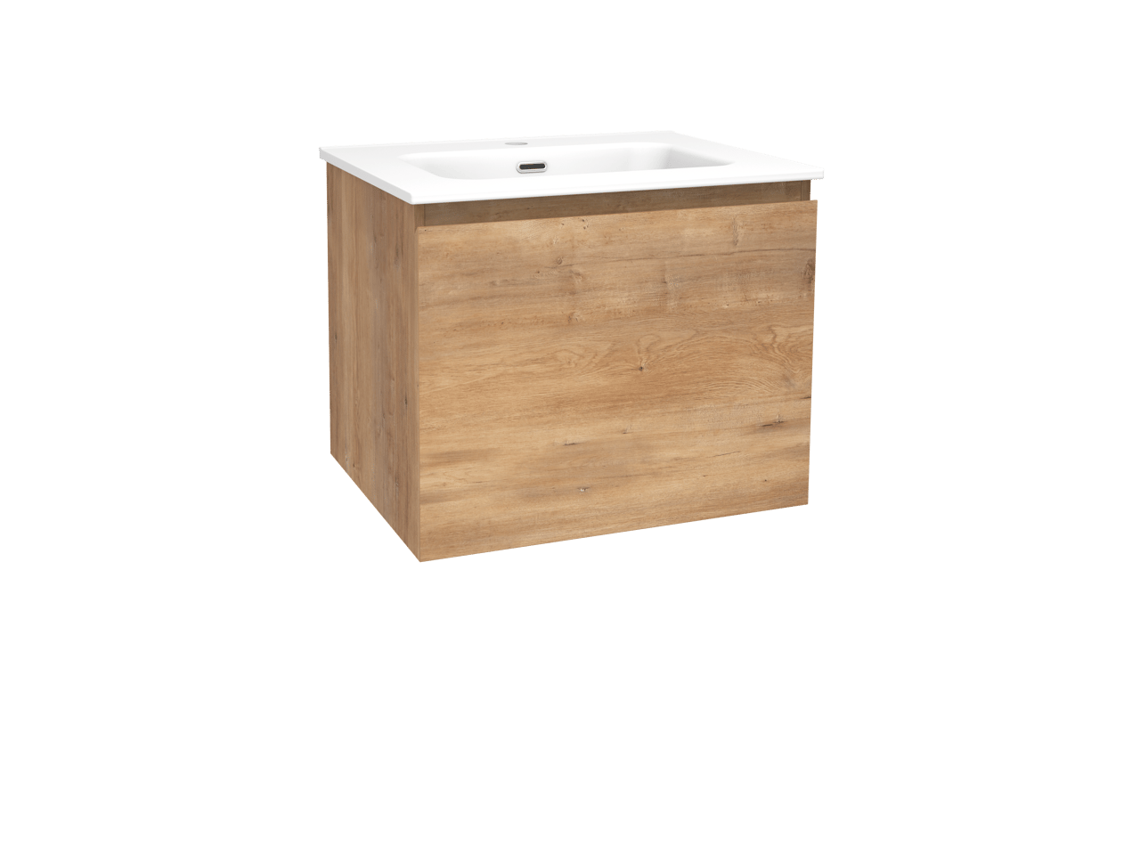 Linie Lado hängendes Möbelstück Set: 60 x 46 cm, Naturbelassene Eiche, mit Baro Einzelwaschtisch, Porzellan Weiß matt