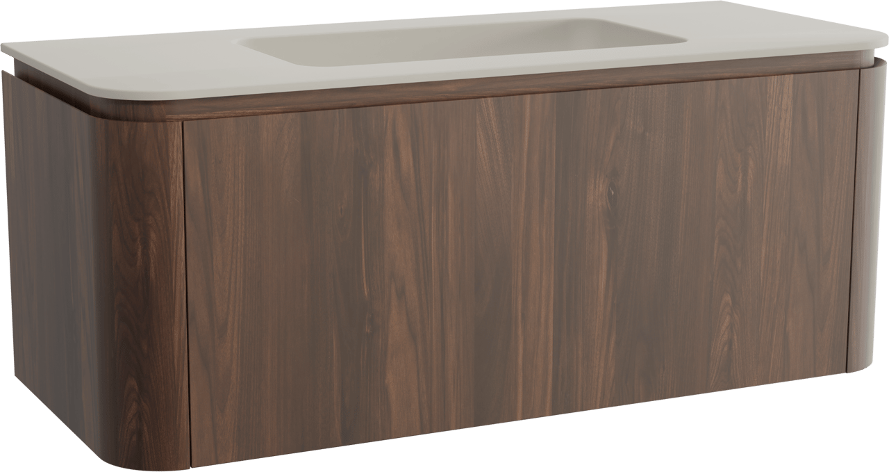 Balmani Moon hängendes Möbelstück Set: 130 x 55 cm, Amerikanischer Nussbaum, mit Moon Einzelwaschtisch, Top Solid Seidengrau