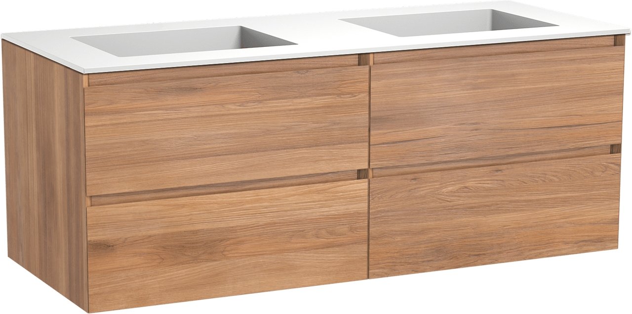 Balmani Mitra hängendes Möbelstück Set: 135 x 55 cm, Teak, mit Tablo Stretto Doppelwaschtisch, Solid Surface Weiß matt