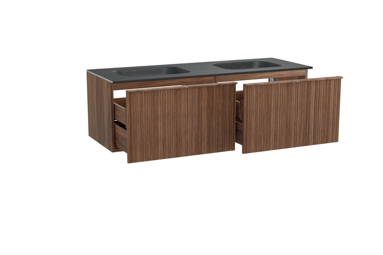 Balmani Forma meuble salle de bains suspendu 150 x 55 cm noyer américain avec Tablo Arcato double vasque en granit noir, Nervure circulaire asymétrique verticale