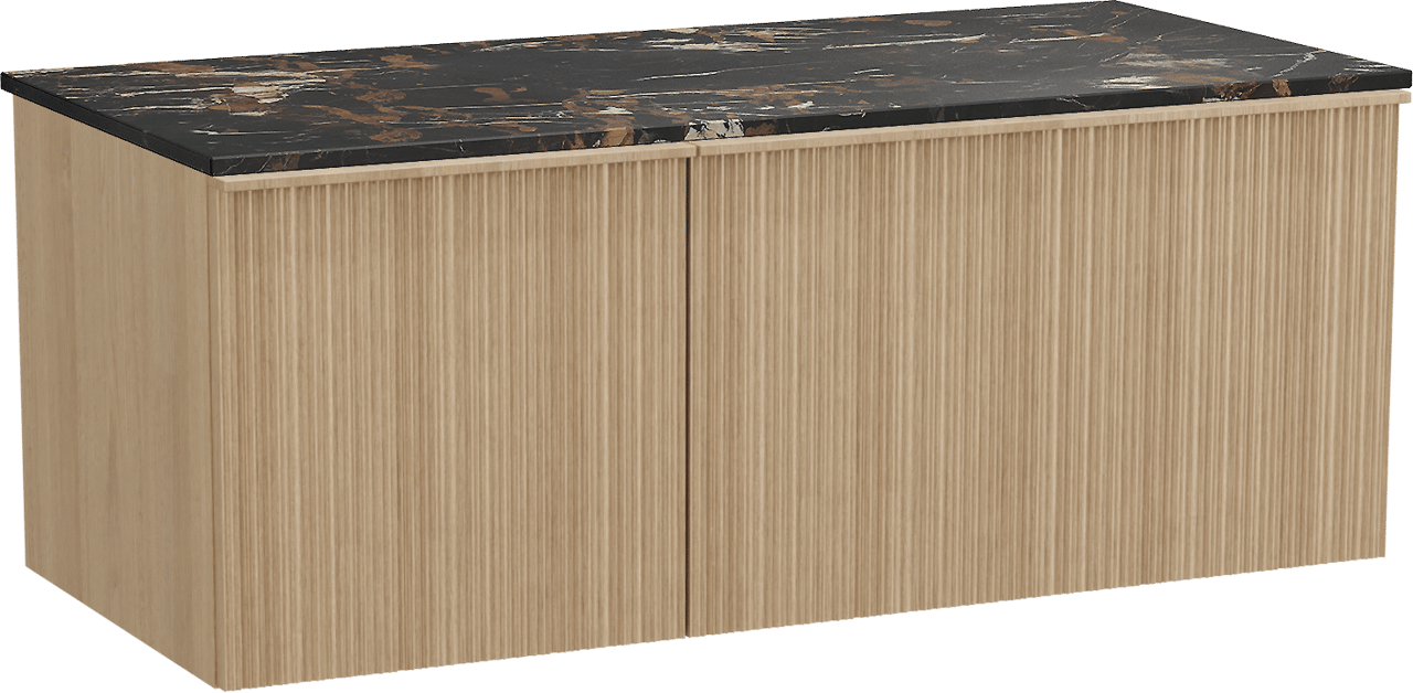 Balmani Forma zwevend badmeubel 120 x 55 cm naturel eiken met Stretto enkel wastafelblad in marmer portoro gold, Verticale asymmetrische ronde ribbel